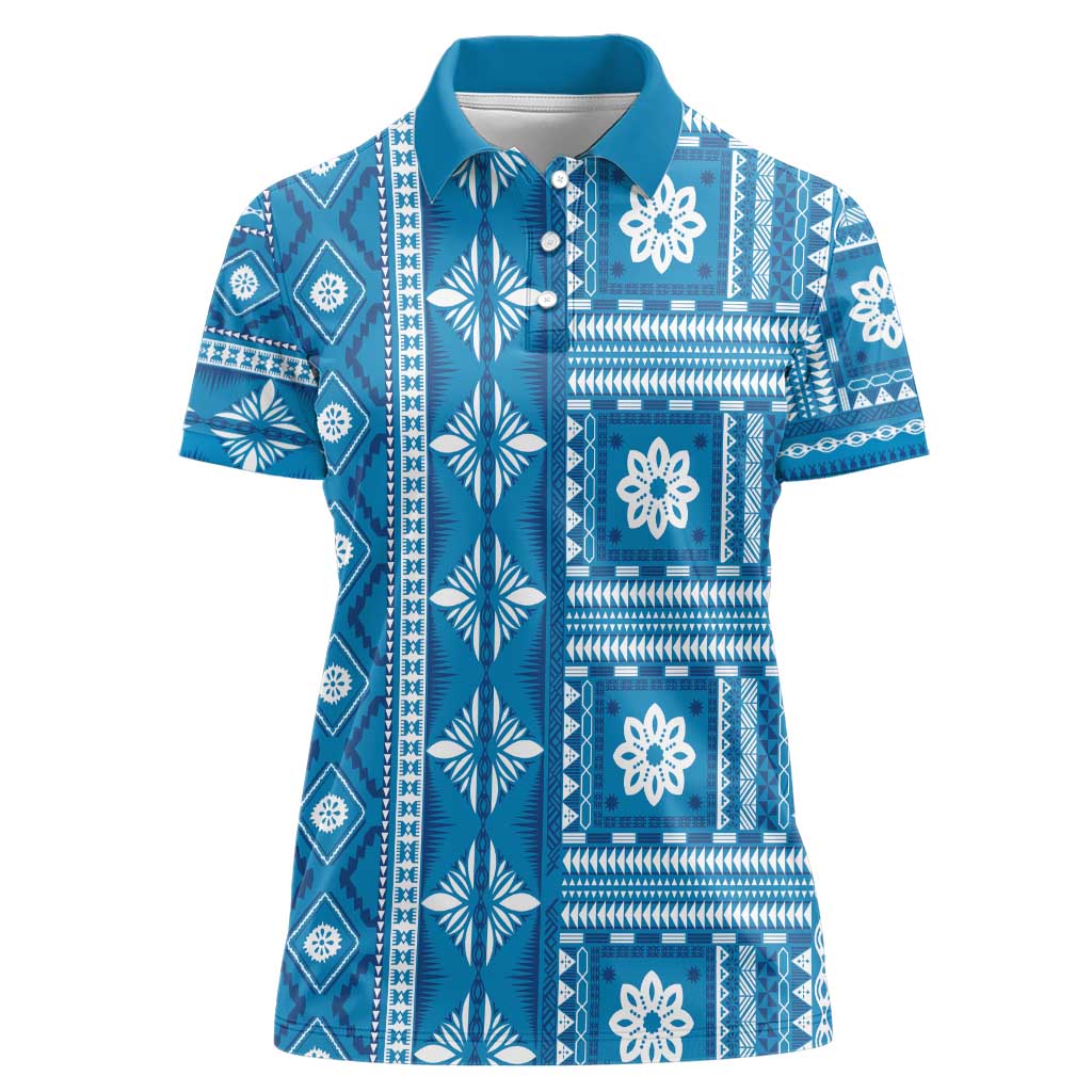 Fiji Masi All Blue Women Polo Shirt Tapa Pattern - Polynesian Pride