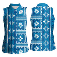 Fiji Masi All Blue Women Sleeveless Polo Shirt Tapa Pattern - Polynesian Pride