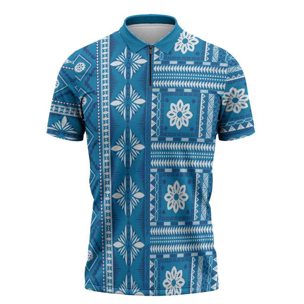 Fiji Masi All Blue Zipper Polo Shirt Tapa Pattern - Polynesian Pride
