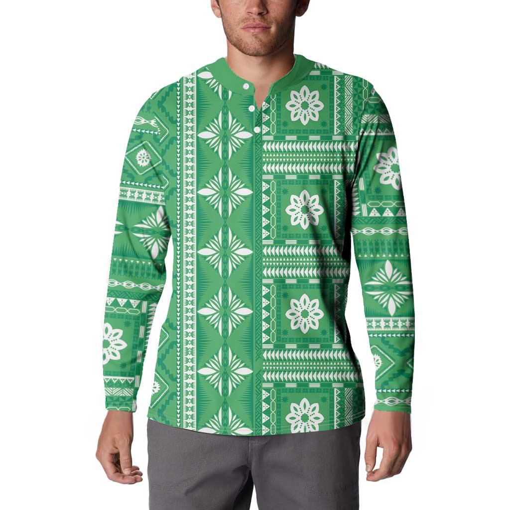 Fiji Masi All Green Button Sweatshirt Tapa Pattern - Polynesian Pride