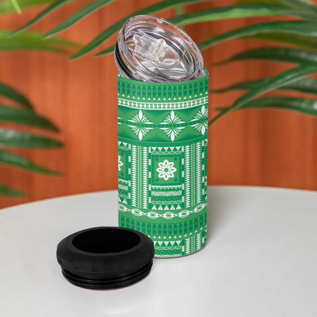 Fiji Masi All Green 4 in 1 Can Cooler Tumbler Tapa Pattern - Polynesian Pride