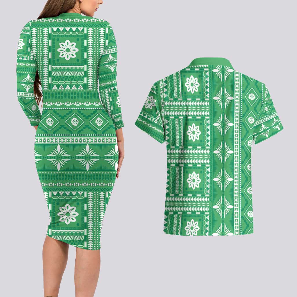 Fiji Masi All Green Couples Matching Long Sleeve Bodycon Dress and Hawaiian Shirt Tapa Pattern - Polynesian Pride