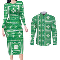 Fiji Masi All Green Couples Matching Long Sleeve Bodycon Dress and Long Sleeve Button Shirt Tapa Pattern - Polynesian Pride