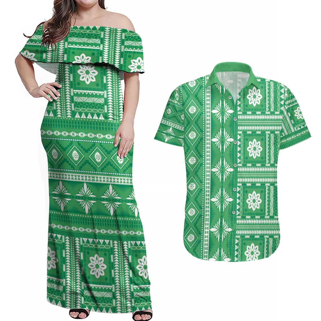 Fiji Masi All Green Couples Matching Off Shoulder Maxi Dress and Hawaiian Shirt Tapa Pattern - Polynesian Pride