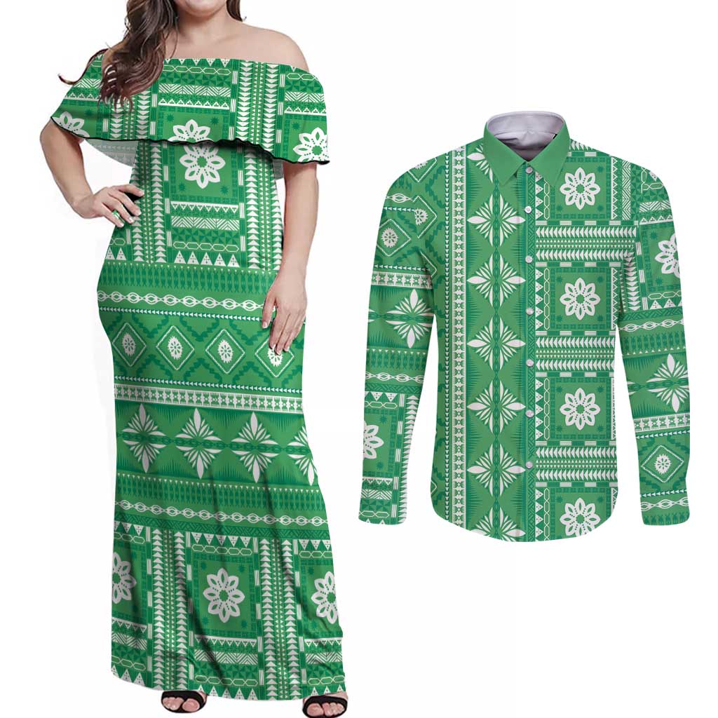 Fiji Masi All Green Couples Matching Off Shoulder Maxi Dress and Long Sleeve Button Shirt Tapa Pattern - Polynesian Pride