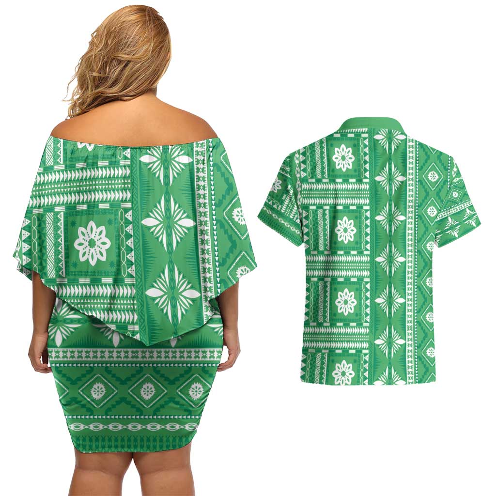 Fiji Masi All Green Couples Matching Off Shoulder Short Dress and Hawaiian Shirt Tapa Pattern - Polynesian Pride