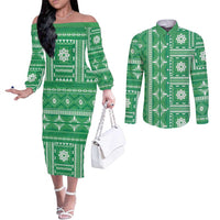 Fiji Masi All Green Couples Matching Off The Shoulder Long Sleeve Dress and Long Sleeve Button Shirt Tapa Pattern - Polynesian Pride