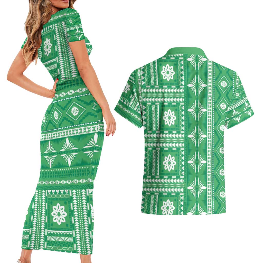Fiji Masi All Green Couples Matching Short Sleeve Bodycon Dress and Hawaiian Shirt Tapa Pattern - Polynesian Pride