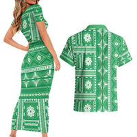 Fiji Masi All Green Couples Matching Short Sleeve Bodycon Dress and Hawaiian Shirt Tapa Pattern - Polynesian Pride