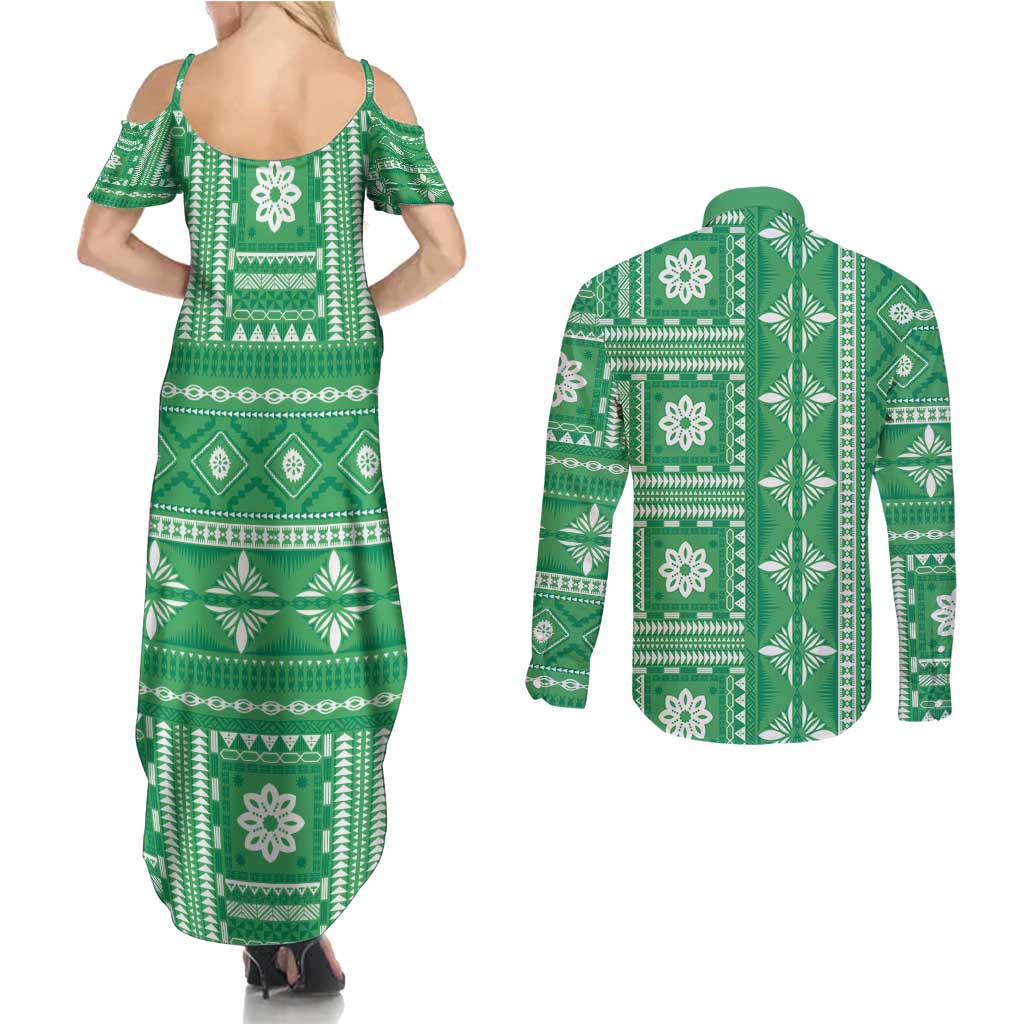 Fiji Masi All Green Couples Matching Summer Maxi Dress and Long Sleeve Button Shirt Tapa Pattern - Polynesian Pride