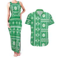Fiji Masi All Green Couples Matching Tank Maxi Dress and Hawaiian Shirt Tapa Pattern - Polynesian Pride