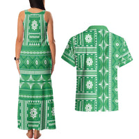 Fiji Masi All Green Couples Matching Tank Maxi Dress and Hawaiian Shirt Tapa Pattern - Polynesian Pride