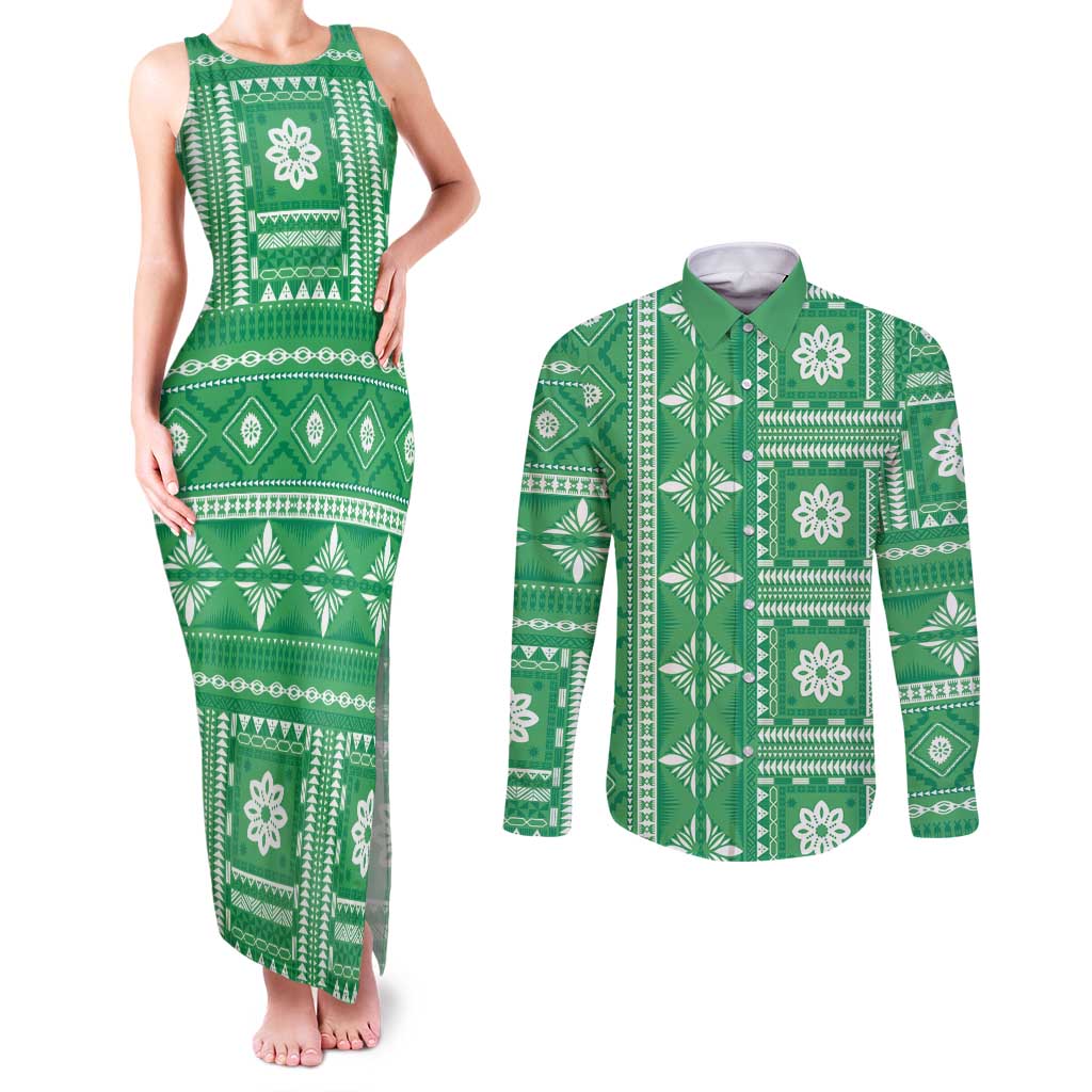 Fiji Masi All Green Couples Matching Tank Maxi Dress and Long Sleeve Button Shirt Tapa Pattern - Polynesian Pride