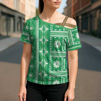 Fiji Masi All Green Cross Shoulder Shirt Tapa Pattern - Polynesian Pride