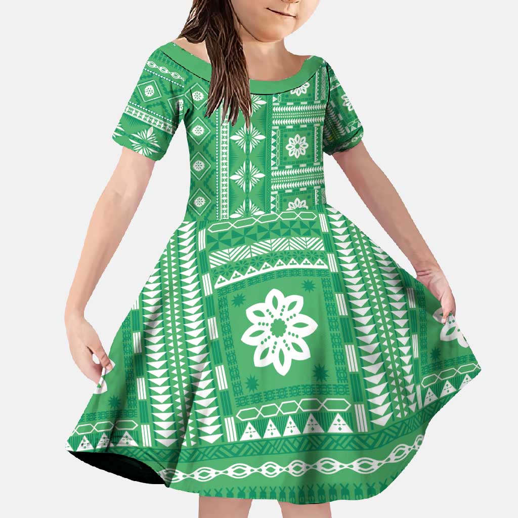 Fiji Masi All Green Family Matching Mermaid Dress and Hawaiian Shirt Tapa Pattern - Polynesian Pride