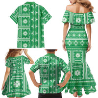 Fiji Masi All Green Family Matching Mermaid Dress and Hawaiian Shirt Tapa Pattern - Polynesian Pride