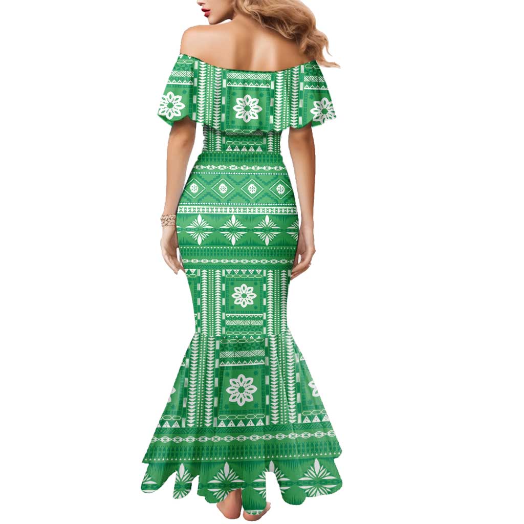 Fiji Masi All Green Family Matching Mermaid Dress and Hawaiian Shirt Tapa Pattern - Polynesian Pride