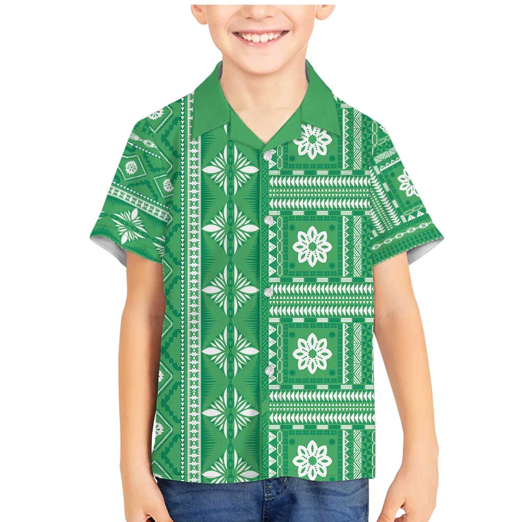 Fiji Masi All Green Family Matching Mermaid Dress and Hawaiian Shirt Tapa Pattern - Polynesian Pride