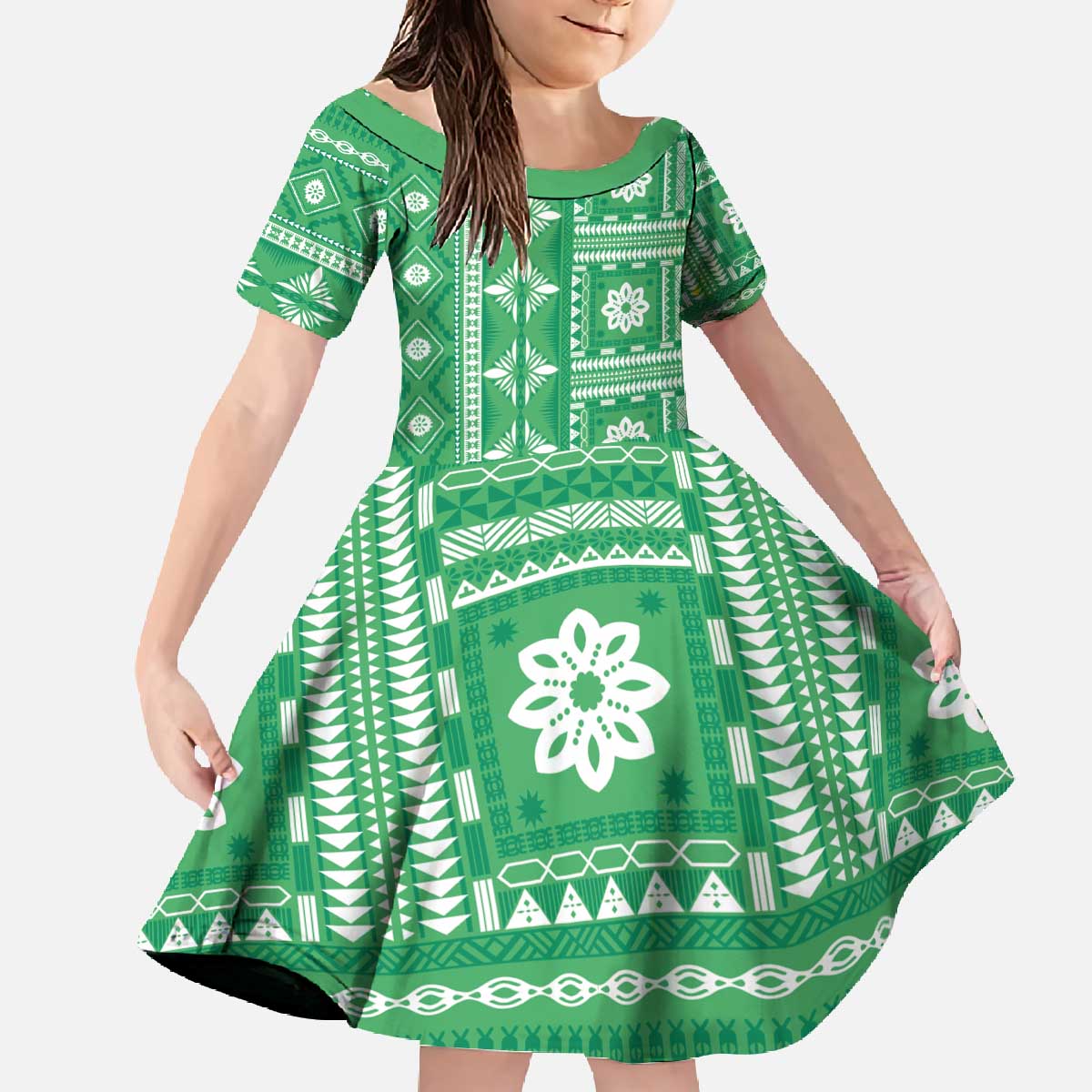 Fiji Masi All Green Family Matching Off The Shoulder Long Sleeve Dress and Hawaiian Shirt Tapa Pattern - Polynesian Pride