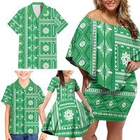Fiji Masi All Green Family Matching Off Shoulder Short Dress and Hawaiian Shirt Tapa Pattern - Polynesian Pride