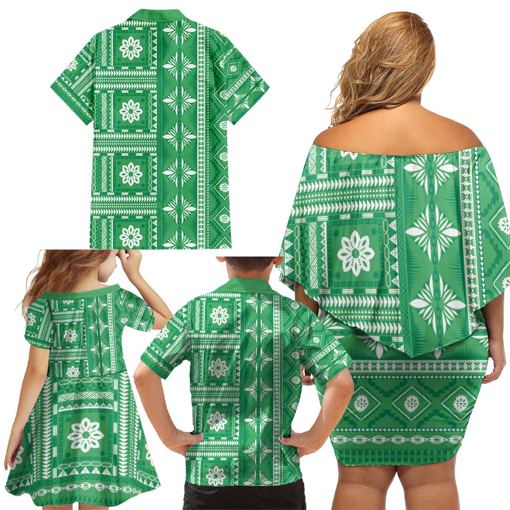 Fiji Masi All Green Family Matching Off Shoulder Short Dress and Hawaiian Shirt Tapa Pattern - Polynesian Pride