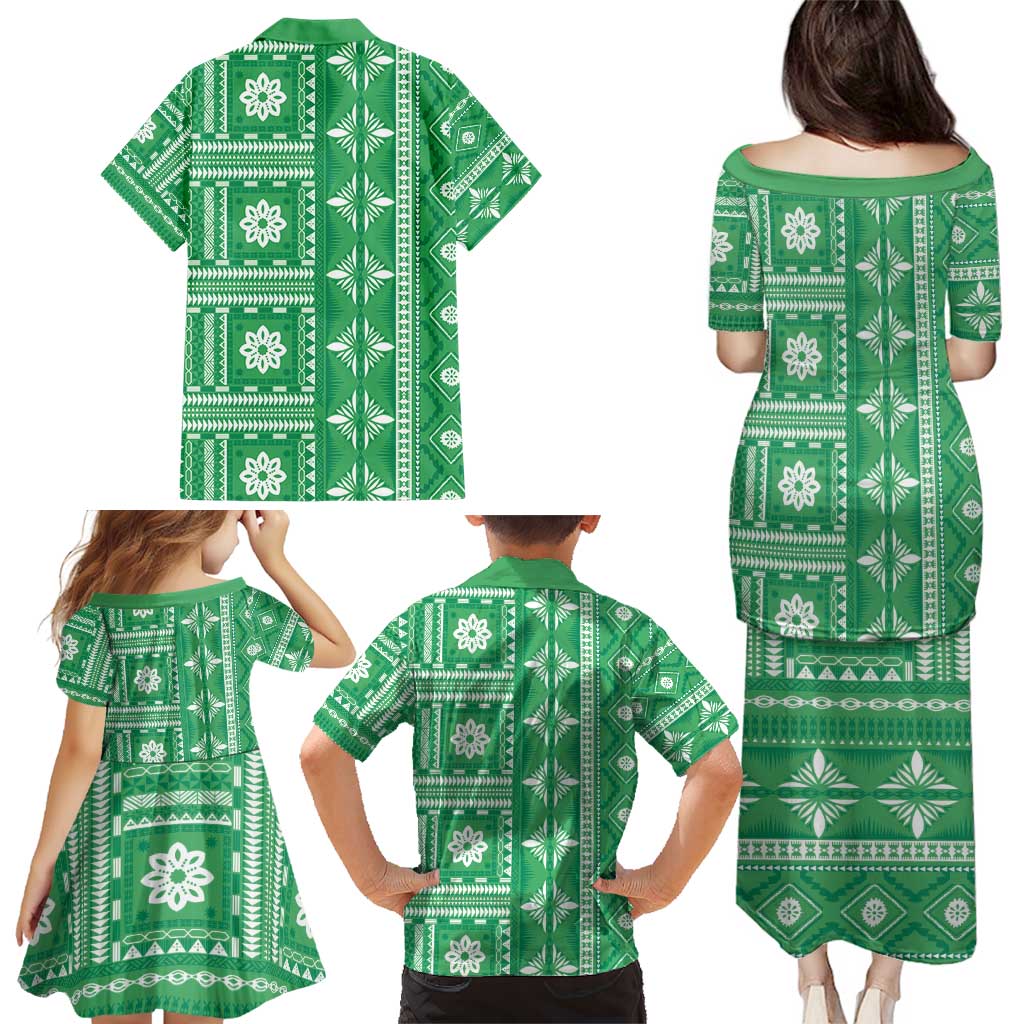 Fiji Masi All Green Family Matching Puletasi and Hawaiian Shirt Tapa Pattern - Polynesian Pride