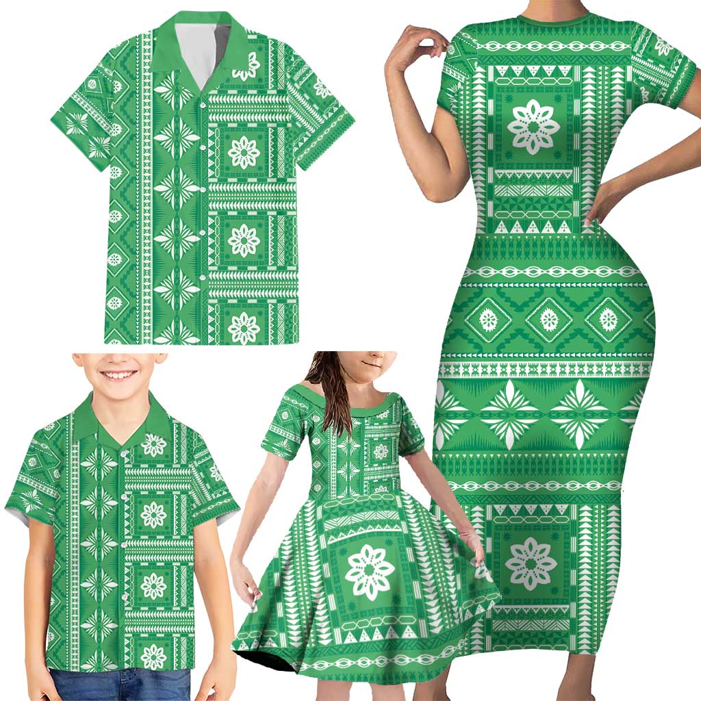Fiji Masi All Green Family Matching Short Sleeve Bodycon Dress and Hawaiian Shirt Tapa Pattern - Polynesian Pride