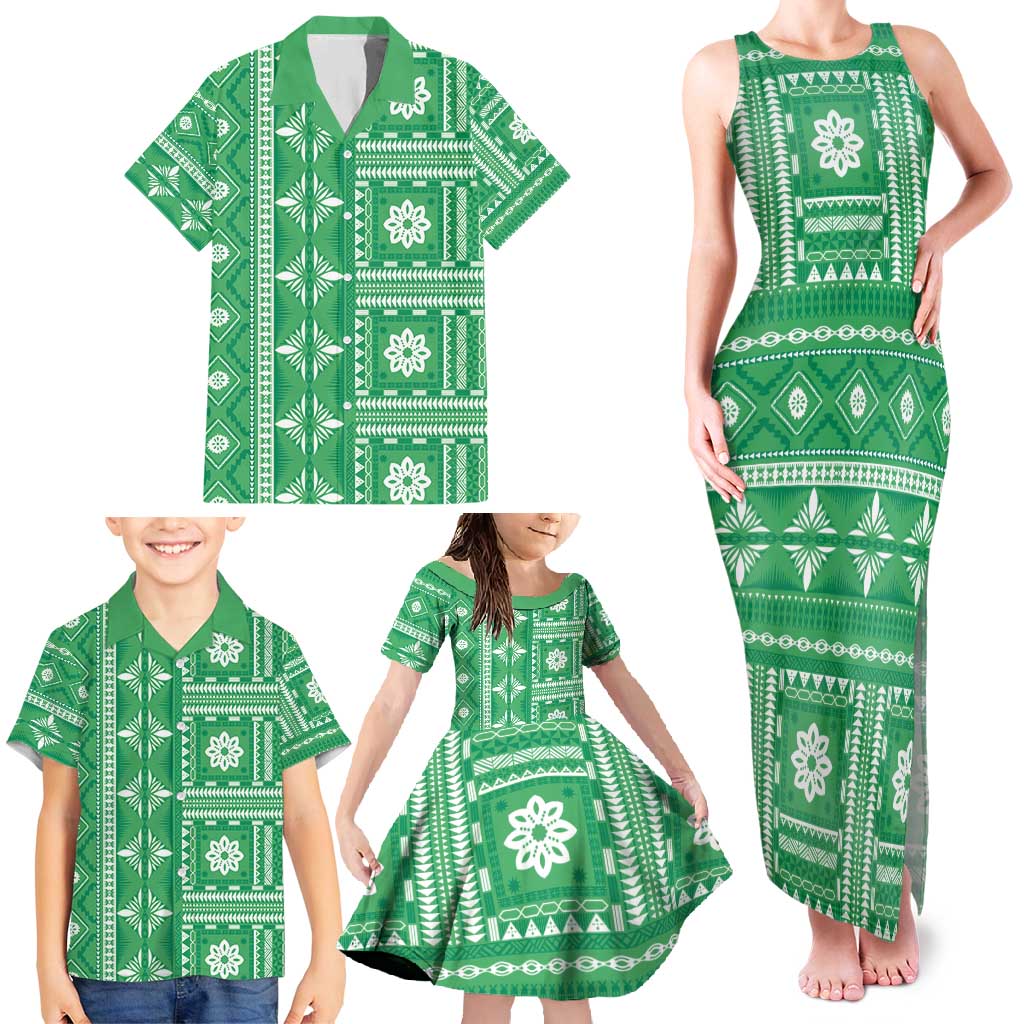Fiji Masi All Green Family Matching Tank Maxi Dress and Hawaiian Shirt Tapa Pattern - Polynesian Pride