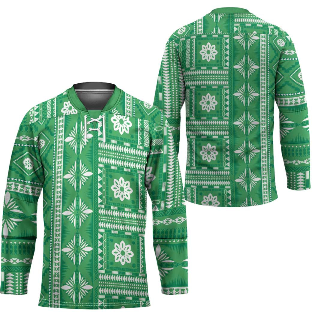 Fiji Masi All Green Hockey Jersey Tapa Pattern - Polynesian Pride