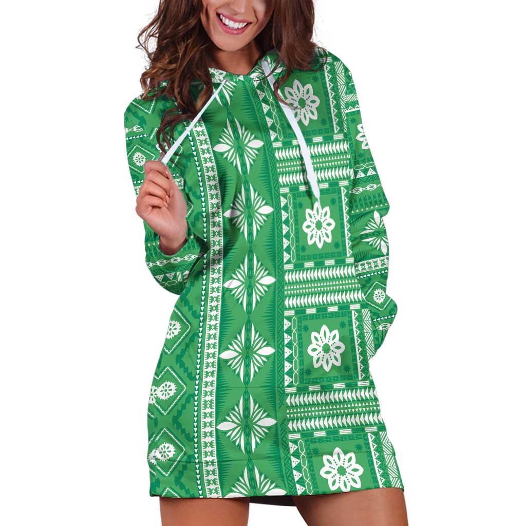 Fiji Masi All Green Hoodie Dress Tapa Pattern - Polynesian Pride