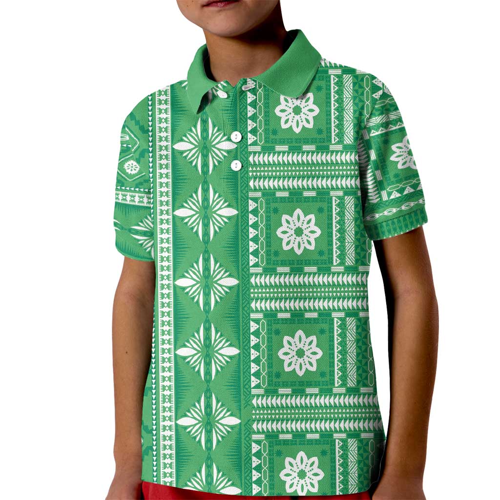 Fiji Masi All Green Kid Polo Shirt Tapa Pattern - Polynesian Pride