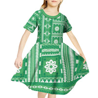 Fiji Masi All Green Kid Short Sleeve Dress Tapa Pattern - Polynesian Pride