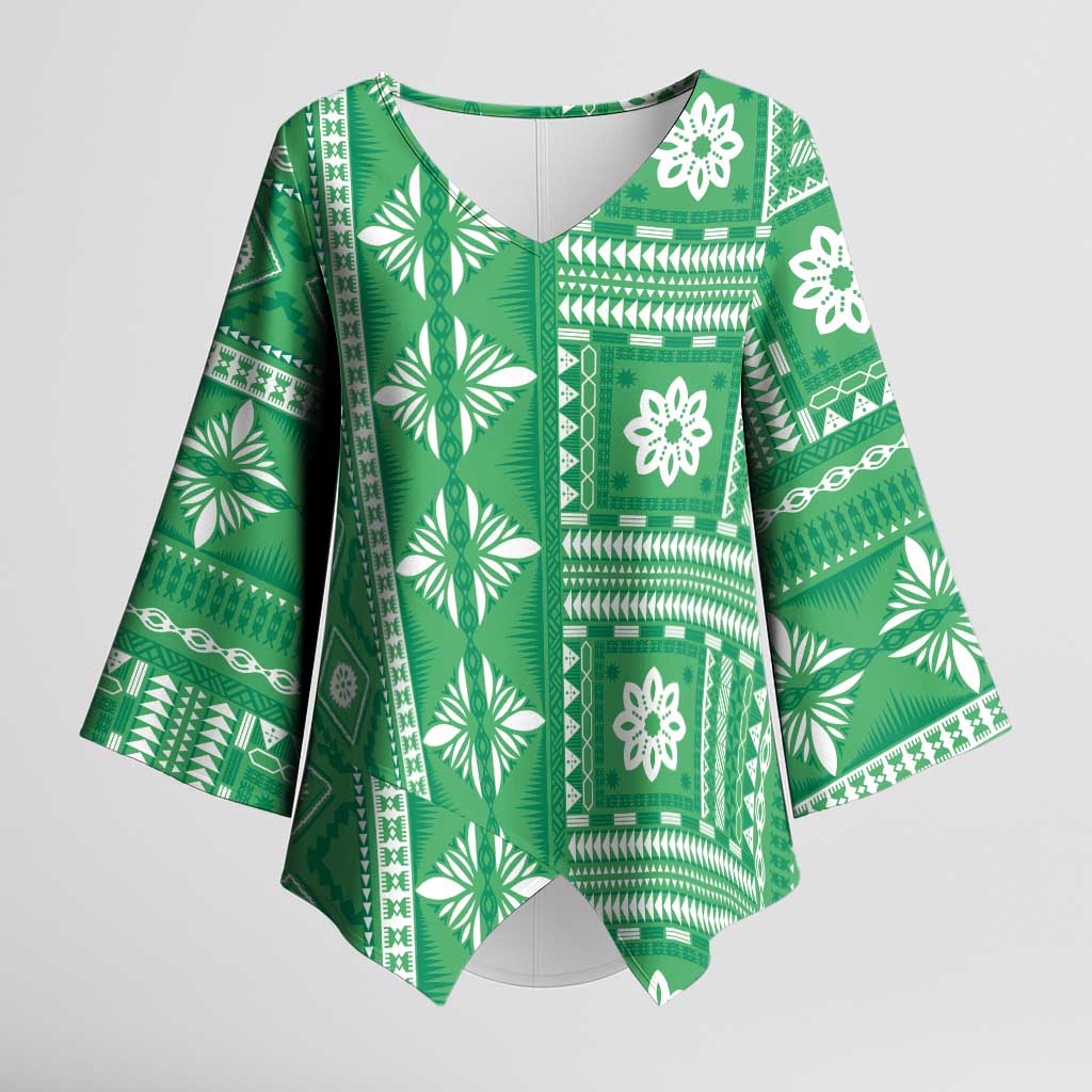Fiji Masi All Green Kimono Sleeve Blouse Tapa Pattern - Polynesian Pride