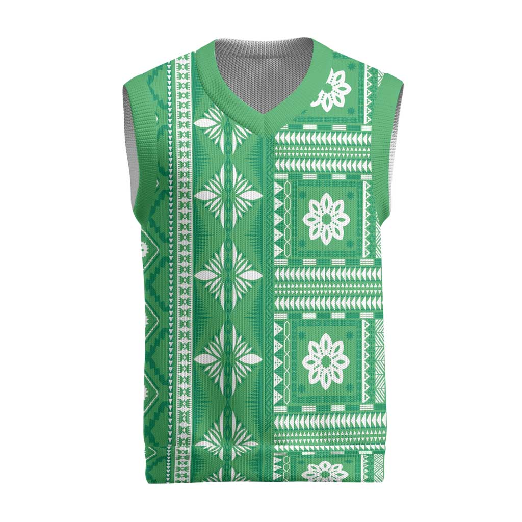 Fiji Masi All Green Christmas Knitted V-Neck Vest Tapa Pattern - Polynesian Pride
