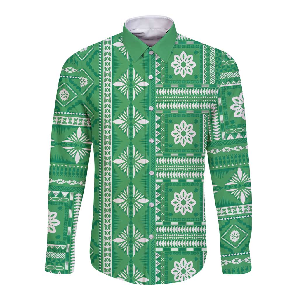 Fiji Masi All Green Long Sleeve Button Shirt Tapa Pattern - Polynesian Pride