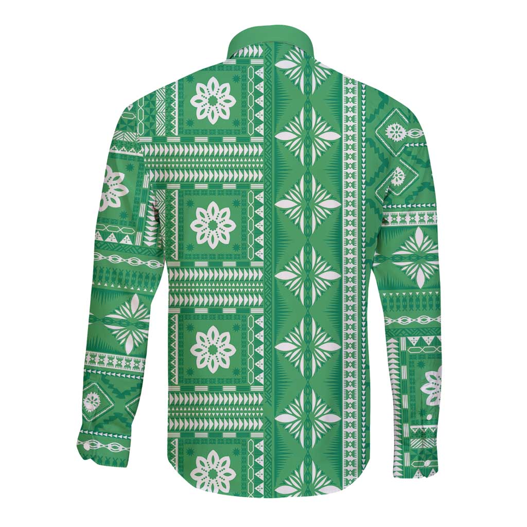 Fiji Masi All Green Long Sleeve Button Shirt Tapa Pattern - Polynesian Pride