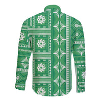 Fiji Masi All Green Long Sleeve Button Shirt Tapa Pattern - Polynesian Pride