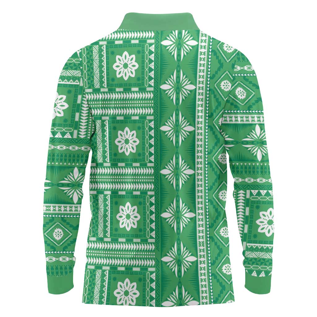 Fiji Masi All Green Long Sleeve Polo Shirt Tapa Pattern - Polynesian Pride