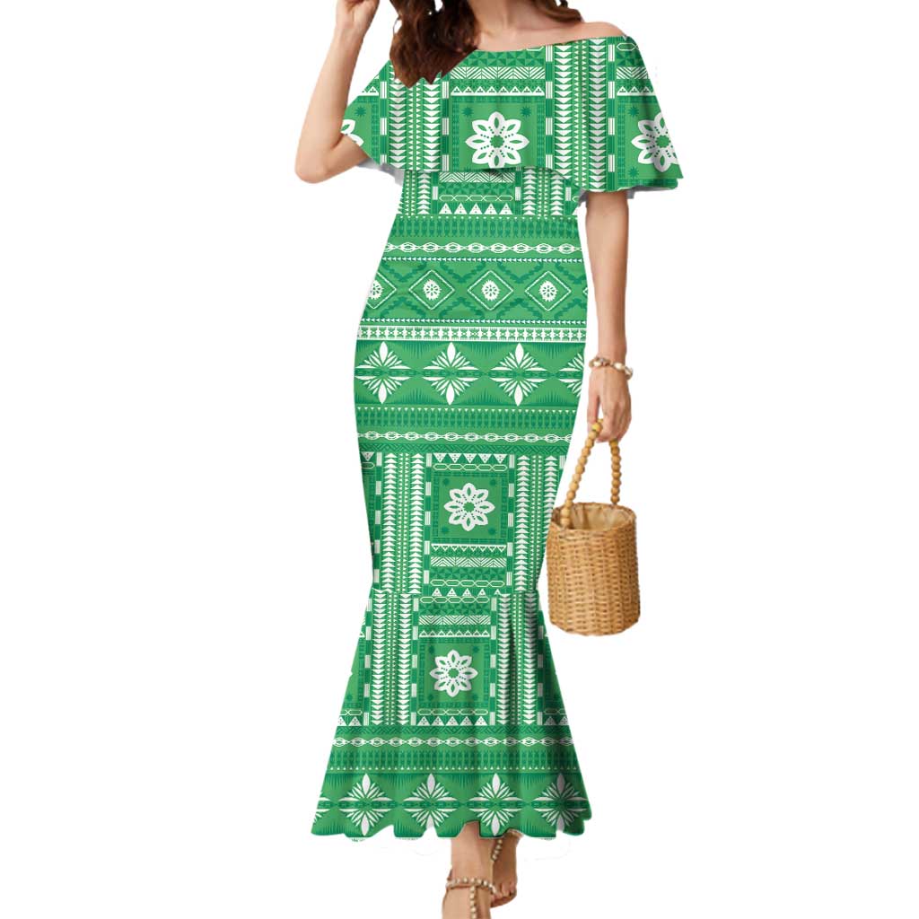 Fiji Masi All Green Mermaid Dress Tapa Pattern - Polynesian Pride