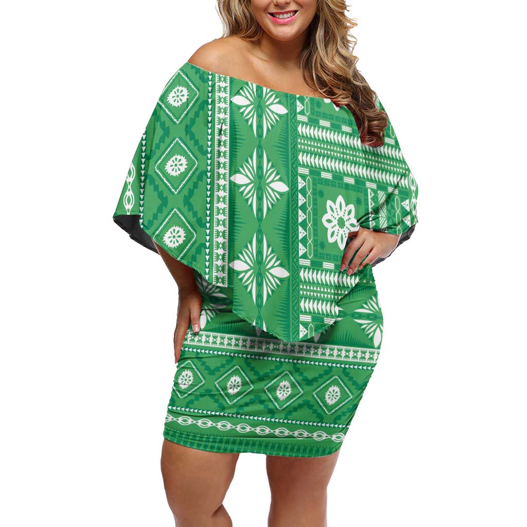 Fiji Masi All Green Off Shoulder Short Dress Tapa Pattern - Polynesian Pride