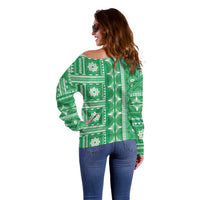 Fiji Masi All Green Off Shoulder Sweater Tapa Pattern - Polynesian Pride