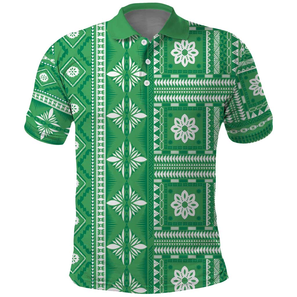 Fiji Masi All Green Polo Shirt Tapa Pattern - Polynesian Pride