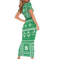Fiji Masi All Green Short Sleeve Bodycon Dress Tapa Pattern - Polynesian Pride