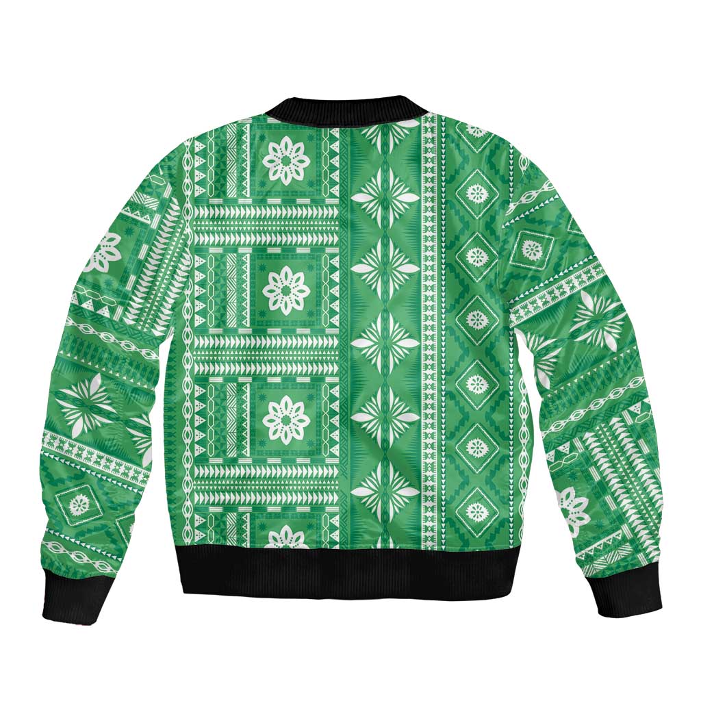 Fiji Masi All Green Sleeve Zip Bomber Jacket Tapa Pattern - Polynesian Pride