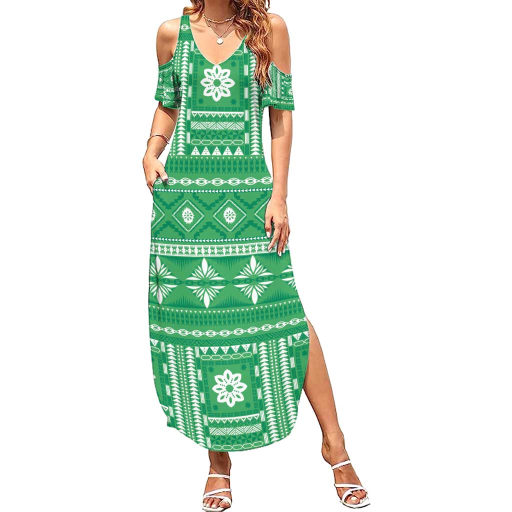 Fiji Masi All Green Summer Maxi Dress Tapa Pattern - Polynesian Pride