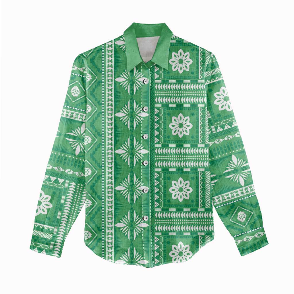 Fiji Masi All Green Women Casual Shirt Tapa Pattern - Polynesian Pride