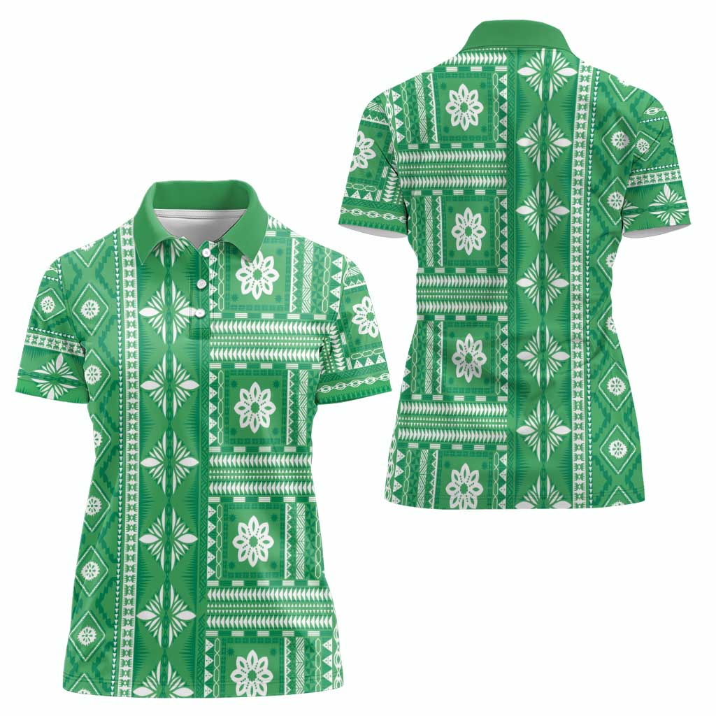 Fiji Masi All Green Women Polo Shirt Tapa Pattern - Polynesian Pride