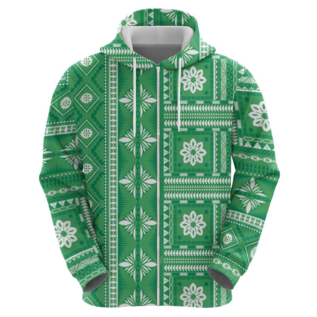Fiji Masi All Green Zip Hoodie Tapa Pattern - Polynesian Pride