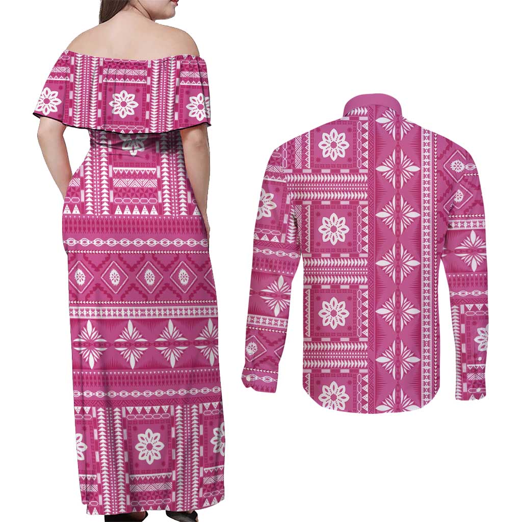 Fiji Masi All Pink Couples Matching Off Shoulder Maxi Dress and Long Sleeve Button Shirt Tapa Pattern - Polynesian Pride