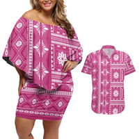Fiji Masi All Pink Couples Matching Off Shoulder Short Dress and Hawaiian Shirt Tapa Pattern - Polynesian Pride